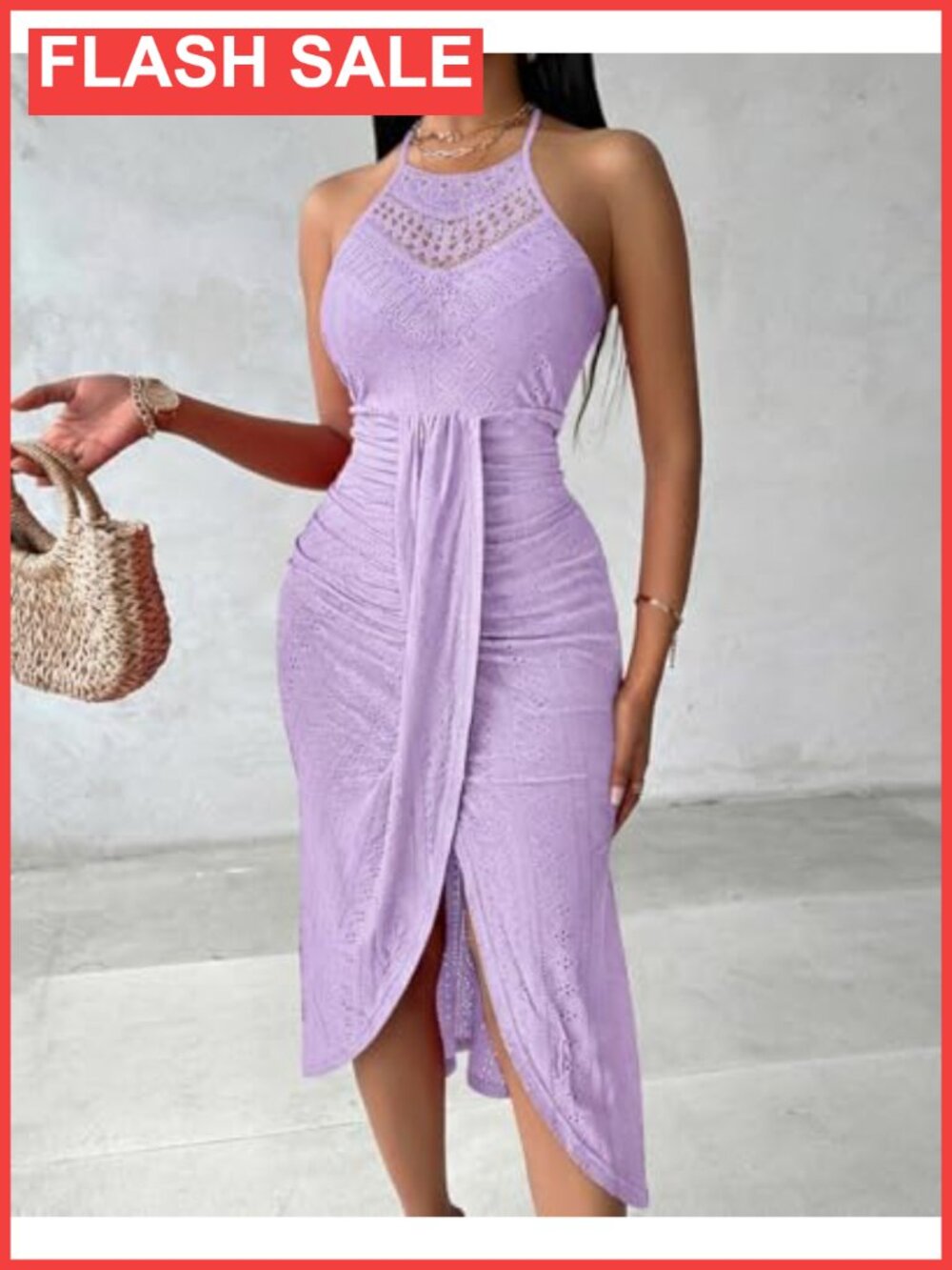 Women's Summer Halter Maxi Dress Eyelet Embroidery Side Slit - Picture 2 of 6